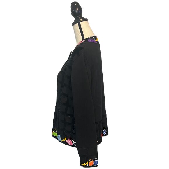 Just B Heavily Beaded Cardigan Sweater L Black Appliqué Purses Shoes Fashion - Picture 5 of 6